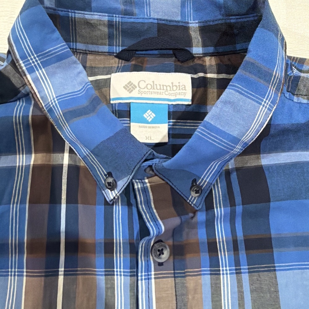 Columbia Mens XL Blue Brown Plaid Long Sleeve Button Down Outdoor Shirt - Picture 2 of 5